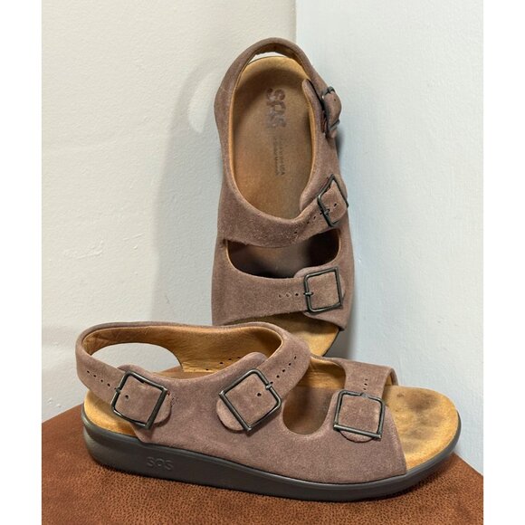 SAS RELAXED SUEDE SANDALS WOMENS 9W BROWN OPEN TOE TRIPAD COMFORT SLINGBACK - Picture 1 of 8